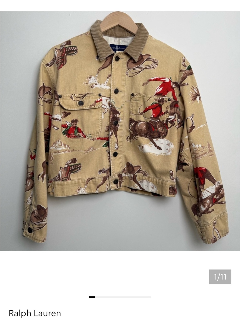 Rare Vintage Ralph Lauren Tan Western Rodeo Print Corduroy-Collar Jean Jacket